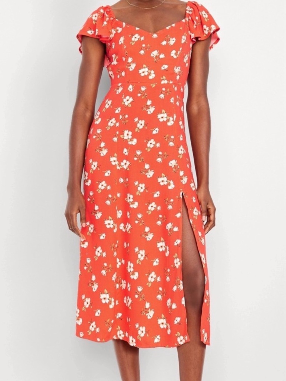 Old Navy red floral flutter sleeve midi dress with a side slit